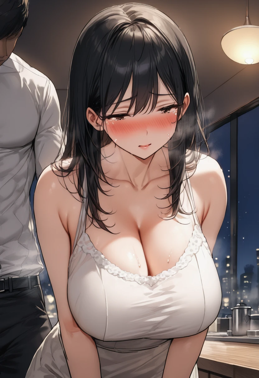 (( top quality)), (( Masterpiece )), ( Details), (1 anime girl and 1 man ),  sexy,milf, ( black hair), Bust 9０CM's Big Breasts Married Woman ,  young woman, Married Woman Who Holds Tears , ( Woman in Casual Fashion), steam, blush, (((Shy upward glance))), ((((( makes my body shiver))))), ((( Night Kitchen)))