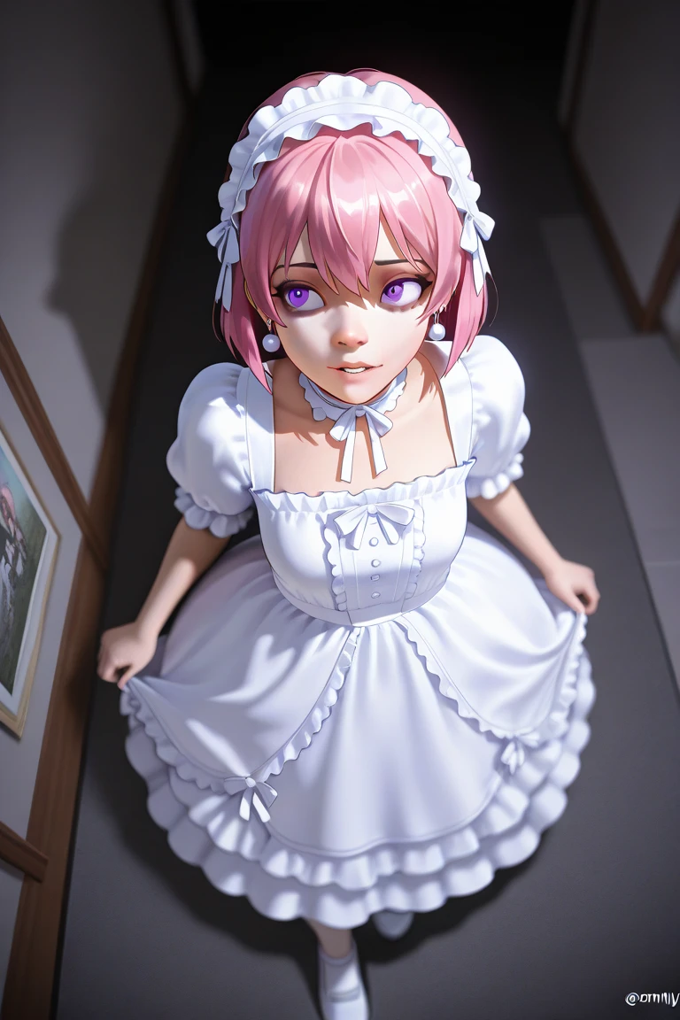 A hand-drawn painting with rough, emotive strokes, in an oil painting style, surreal images, unreal engine 5, higher resolution textures, 4k graphic resolution, dimly lit, high detailed shading, video games, horror, creepy, dark, an anime, from above, upward glance, girl, white gothic ruffle dress, earrings, pink hair, purple eyes, kawaii, pastel mix, photo graphic view, depth of field