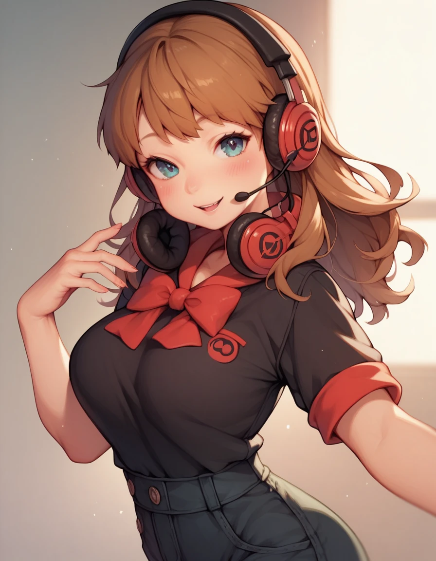 Hot busty brown-haired Loli black clothes with headphones an Icon she has a naughty face with simple colors easy expression Studio Ghibli 
