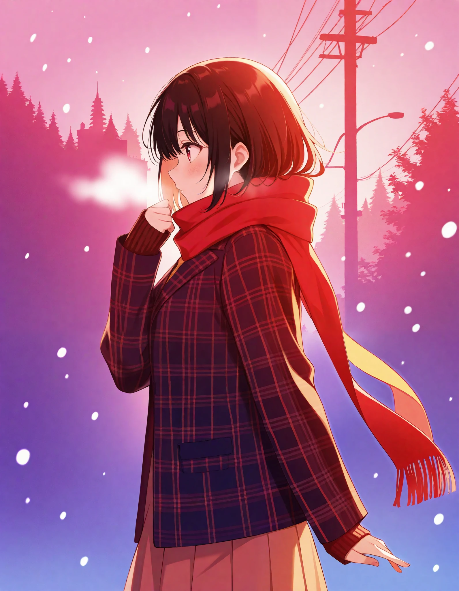 solo, colorful, 1girl, jacket, long sleeves, plaid, plaid jacket, profile, scarf, silhouette, sleeves past wrists, snowing, short hair, hand up, red theme, skirt, solo, looking afar, from side, masterpiece, best quality, newest, very awa
