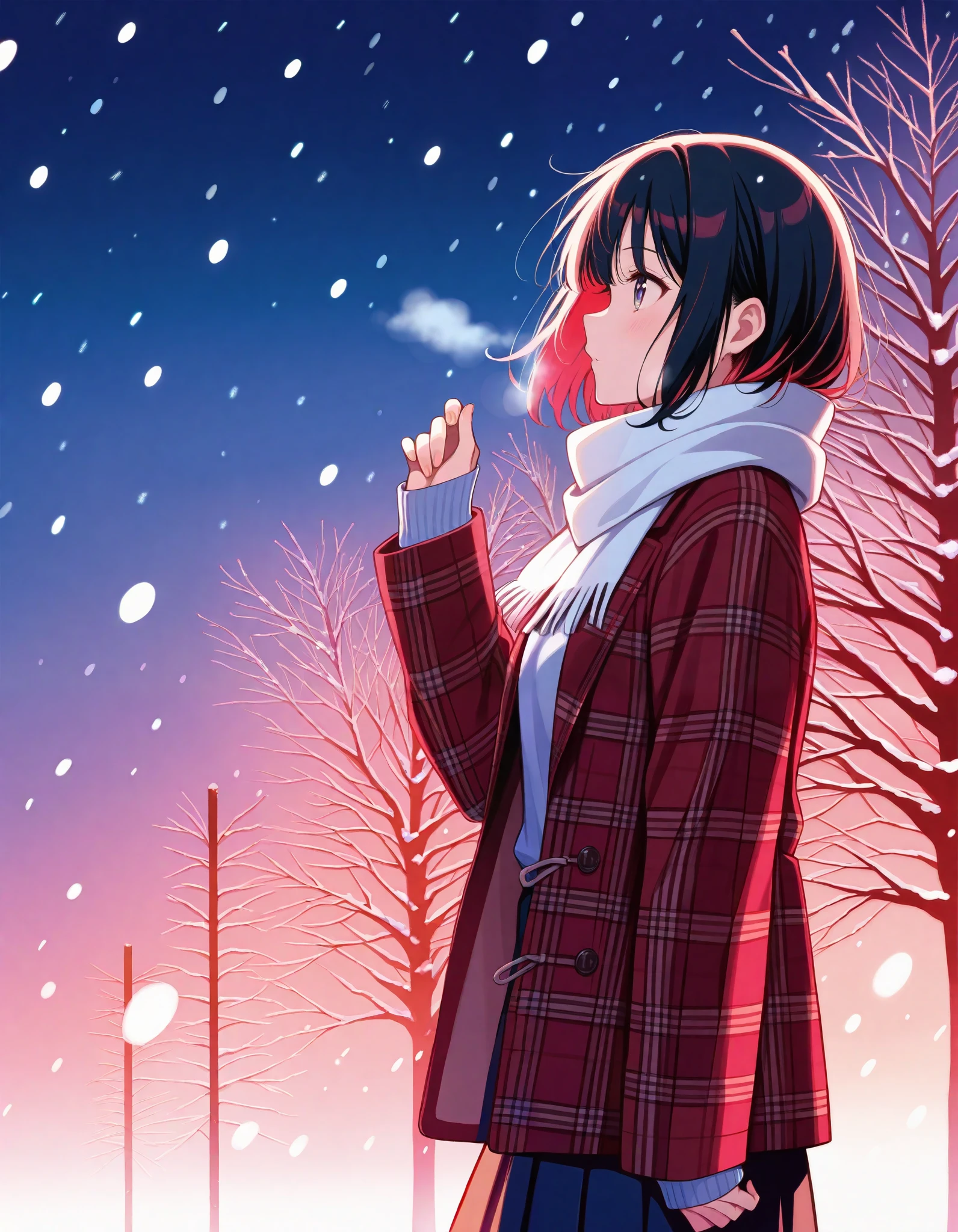 solo, colorful, 1girl, jacket, long sleeves, plaid, plaid jacket, profile, scarf, silhouette, sleeves past wrists, snowing, short hair, hand up, red theme, skirt, solo, looking afar, from side, masterpiece, best quality, newest, very awa