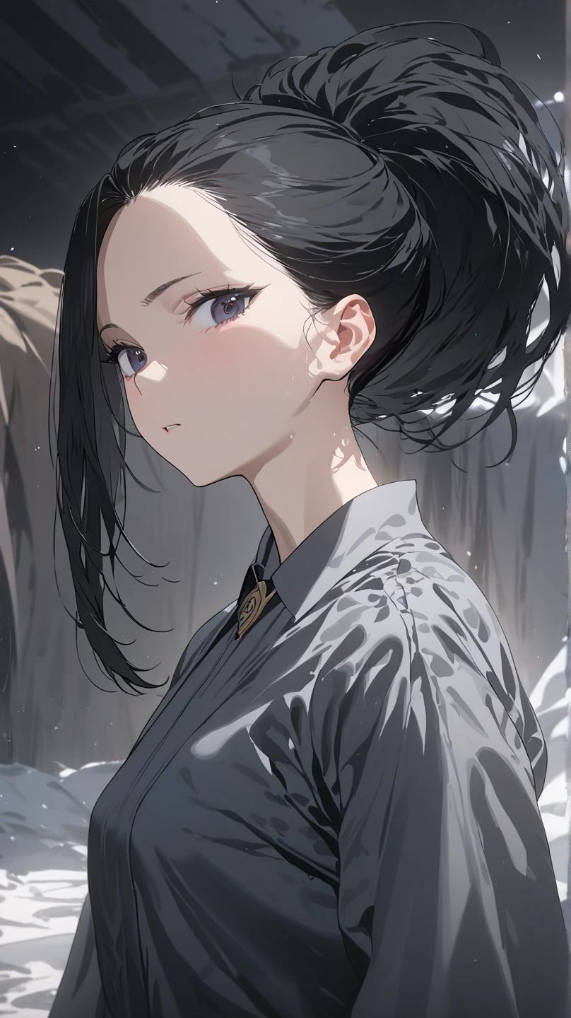  top quality, masterpiece,  high definition , masterpiece, 
Eight million,  1 girl,  close-up ,  dark eyes,  black hair,   ponytail,  long hair,  's hair was pulled back by fajyobore , , Alone, looking at viewer,The background inside the rag hut ,Up to the thigh
student uniform