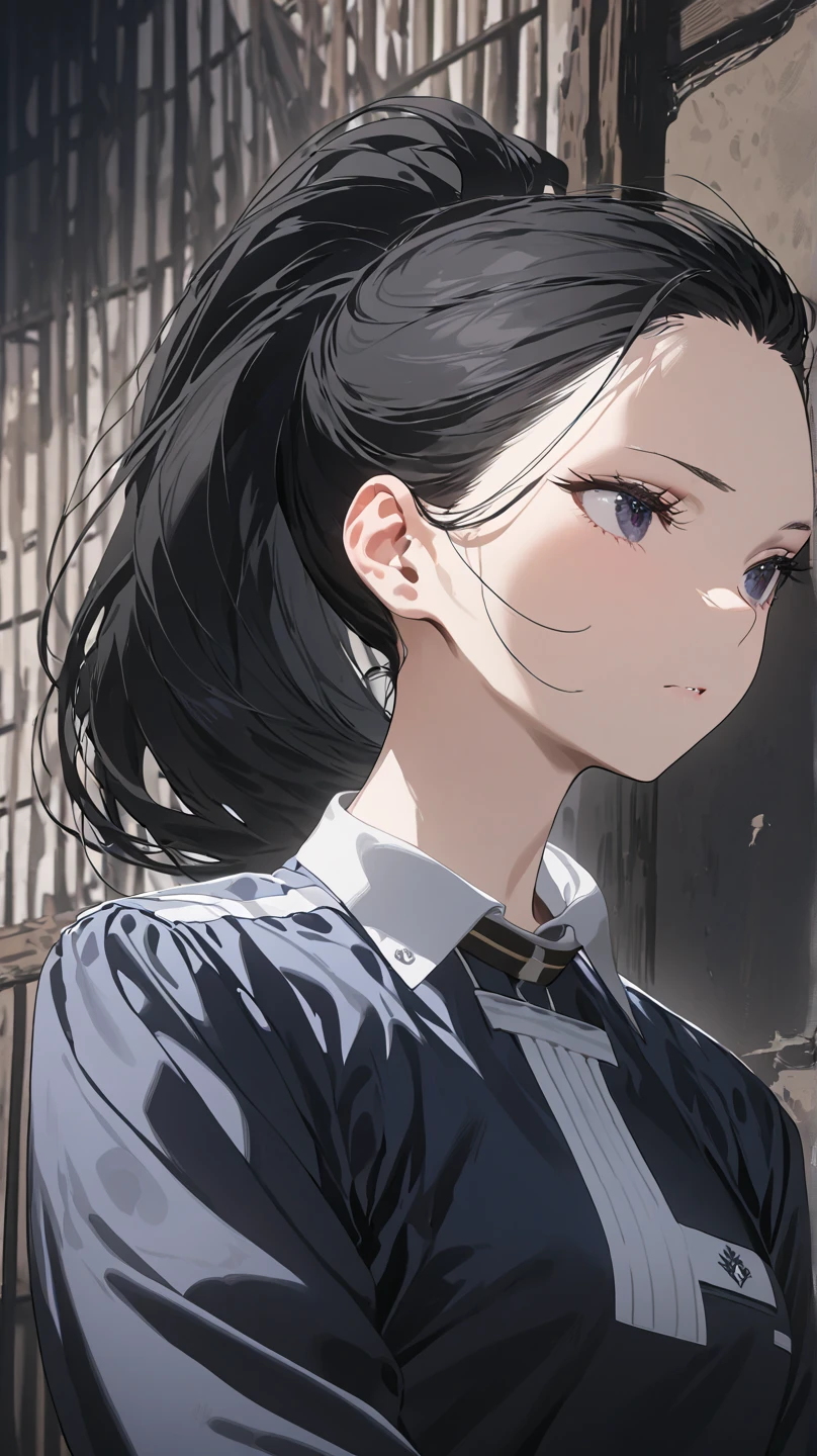  top quality, masterpiece,  high definition , masterpiece, 
Eight million,  1 girl,  close-up ,  dark eyes,  black hair,   ponytail,  long hair,  's hair was pulled back by fajyobore , , Alone, ,The background inside the rag hut ,Up to the thigh
student uniform