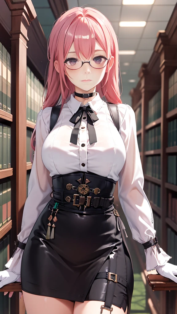 1 girl, Yanagi Tsukishiro , Alone, standing, front view,  looking at the spectator ,  beautiful eyes ,  detailed eyes , purple eyes, simple samurai shoulder strap glasses ,  choker :1.6,  black gloves,  shiny high waist mini skirt,  white shirt with collar,  dark green neck strap,  shy expression ,  gunman shot, Old library Gothic style,  dark gothic style 