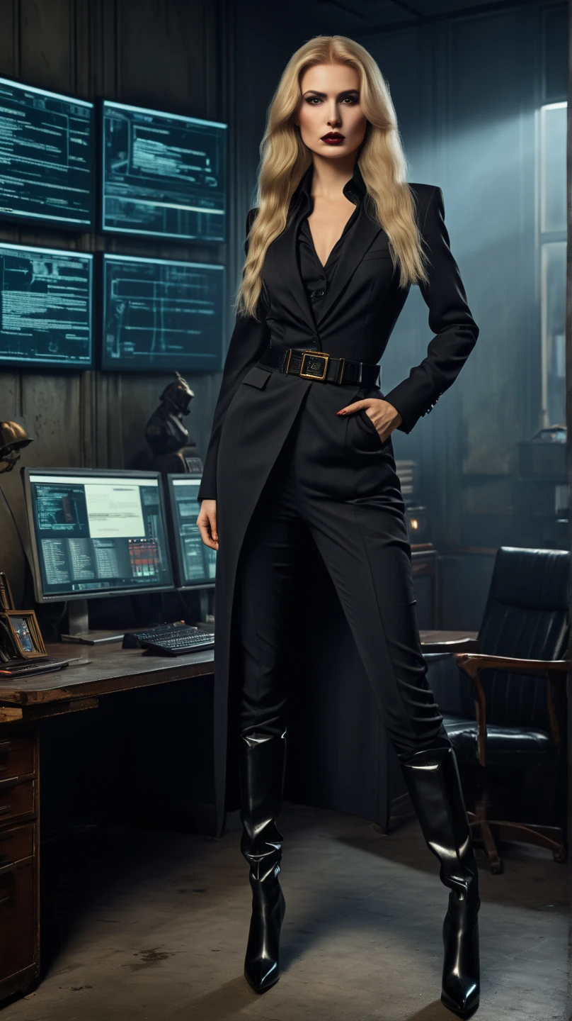 A powerful businesswoman stands confidently in a distopyan cyberpunk office, donning black Louboutin stiletto boots that adorn her feet. Her long, golden long blonde hair cascades down her back, complementing her tailored black suit, black shirt and pants, reminiscent of 90's power dressing, female inner party outfit from George Orwell's 1984, the office background is a precise replica of O'Brien's quarters from George Orwell's 1984, complete with a one big telescreen reminiscent of the novel. The atmosphere is one of foreboding and surveillance, with the dark, muted tones of the office evoking a sense of oppression. The overall feel is one of majestic realism,CGI NOIR aesthetics. Luv from Blade Runner dressing code and makeups. Her facial expression exudes a sense of authority and intensity, with a lot of sadistic charm. The full-body portrait is rendered in a Renaissance era style, with realistic hyper-detail and a figurative painting aesthetic, similar to Greg Rutkowski's work, captured in stunning 4K detail.