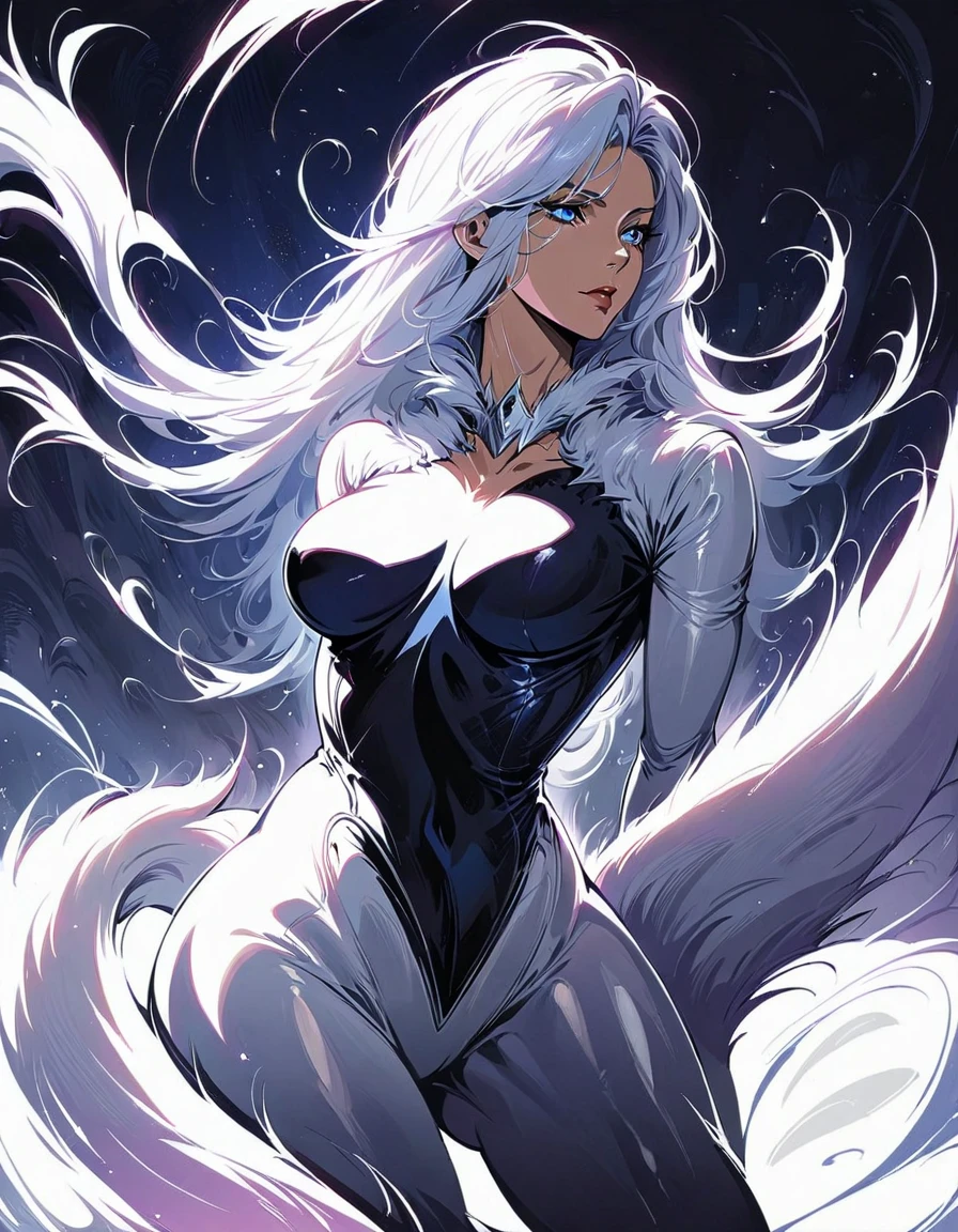 ( High Quality , 4K,  High Contrast,  artwork:1.2),  best aesthetics, ( dynamic angle ), break ((1 female)), White Haired Woman  (( black bodysuit)) small mask,   Long Wavy White Hair  ,  blue eyes, break erotic,  sensual,  mature body,  more,  very detailed face ,  high definition eyes ,  Detailed Mouth , break sexy body, Perfect breasts, medium breasts,  Perfect Thighs ,  clevis on a stone, break white gloves,  Details of White Fur Around Her Collar and Glove,  sensual facial expression, break action poses,  Dynamic Poses ,  New York City Rooftop ,  sitting, Legs crossed,  dimly illuminated , Midnight.Black Cat, beautiful face, Protruding Breasts , long white hair when placed on the floor , detailed fur texture , sharp concentration ,Sharp Eye, serious expression,Delicate whiskers, Graceful Posture, mystical atmosphere, High Contrast,Soft Shadows, bright color,Artistic depiction,realistic painting style, night view,Moonlight Illumination, Clean Body ,Graceful Movement,Curved tail,Intense expression,Hidden Secrets,A fascinating presence, Attention to Details ,Photographic Details , Subtle Highlights ,Dark Tones, Enchanting Beauty, Smooth, Shiny Fur , Frame, Playful Yet Mysterious ,Attractive personality,Strong Bonds , Intense Visual Impact , Amazing Artwork ,  Professional Composition ,High-definition masterpiece,2 eye-catching , eye-catching composition,Includes provocative and appealing , Expressive and Attractive Gaze ,  platinum white hair ,  black mask