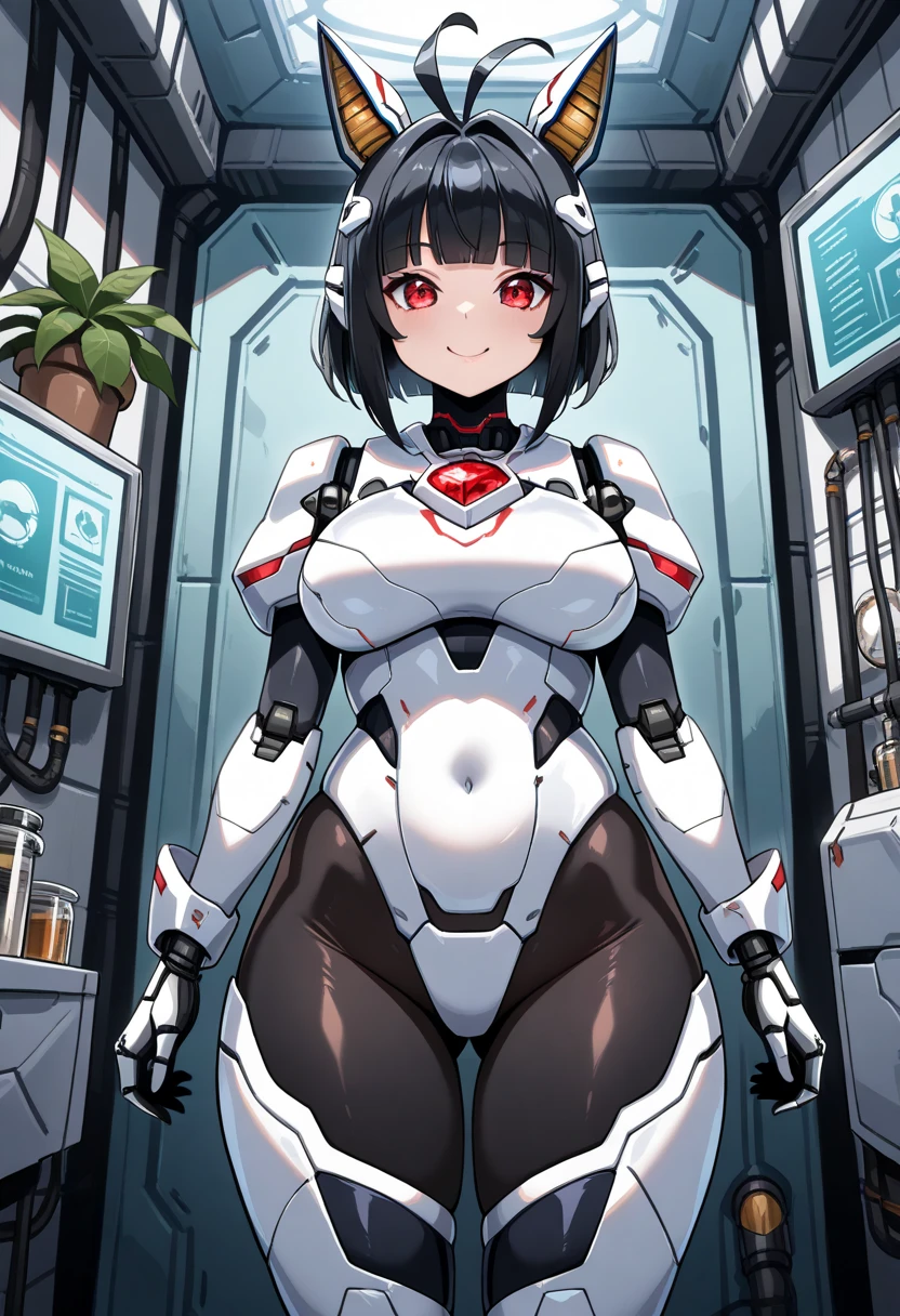 masterpiece, best quality, extremely detailed, (8K, 4K, Best Quality, hight resolution, 超A high resolution:1.1), ,8k portrait, Japaese android Girl,Plump , dark black leg cover,announcer,control panels,android,Droid,Mechanical Hand, Robot arms and legs, Black Robot Parts,Black hair,Mechanical body,Blunt bangs,perfect mechanical abdomen,White robotics parts,perfect robot woman,future laboratory,cyber pank,charging spot,laboratory,long tube,thick cable connected her neck,white ceramic body ,perfect mechanical body, white robot body,lod antenna,mechanical ear cover,android,robot humanoid,black sponge joints,The removable cover is in the groin,The connection port is in the groin,opened chest panel,access panel on the chest,opened breast panel,perfect mechanical breast,perfect machine body,perfect android body,She has repaired,assembly plant,dark black tights,dark black leggings,smile