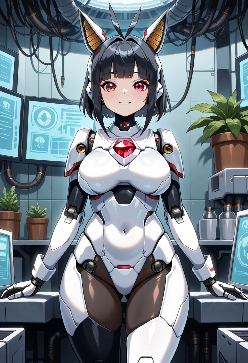 masterpiece, best quality, extremely detailed, (8K, 4K, Best Quality, hight resolution, 超A high resolution:1.1), ,8k portrait, Japaese android Girl,Plump , dark black leg cover,announcer,control panels,android,Droid,Mechanical Hand, Robot arms and legs, Black Robot Parts,Black hair,Mechanical body,Blunt bangs,perfect mechanical abdomen,White robotics parts,perfect robot woman,future laboratory,cyber pank,charging spot,laboratory,long tube,thick cable connected her neck,white ceramic body ,perfect mechanical body, white robot body,lod antenna,mechanical ear cover,android,robot humanoid,black sponge joints,The removable cover is in the groin,The connection port is in the groin,opened chest panel,access panel on the chest,opened breast panel,perfect mechanical breast,perfect machine body,perfect android body,She has repaired,assembly plant,dark black tights,dark black leggings,smile