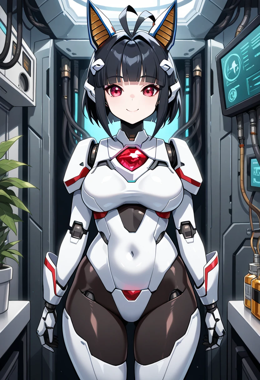 masterpiece, best quality, extremely detailed, (8K, 4K, Best Quality, hight resolution, 超A high resolution:1.1), ,8k portrait, Japaese android Girl,Plump , dark black leg cover,announcer,control panels,android,Droid,Mechanical Hand, Robot arms and legs, Black Robot Parts,Black hair,Mechanical body,Blunt bangs,perfect mechanical abdomen,White robotics parts,perfect robot woman,future laboratory,cyber pank,charging spot,laboratory,long tube,thick cable connected her neck,white ceramic body ,perfect mechanical body, white robot body,lod antenna,mechanical ear cover,android,robot humanoid,black sponge joints,The removable cover is in the groin,The connection port is in the groin,opened chest panel,access panel on the chest,opened breast panel,perfect mechanical breast,perfect machine body,perfect android body,She has repaired,assembly plant,dark black tights,dark black leggings,smile