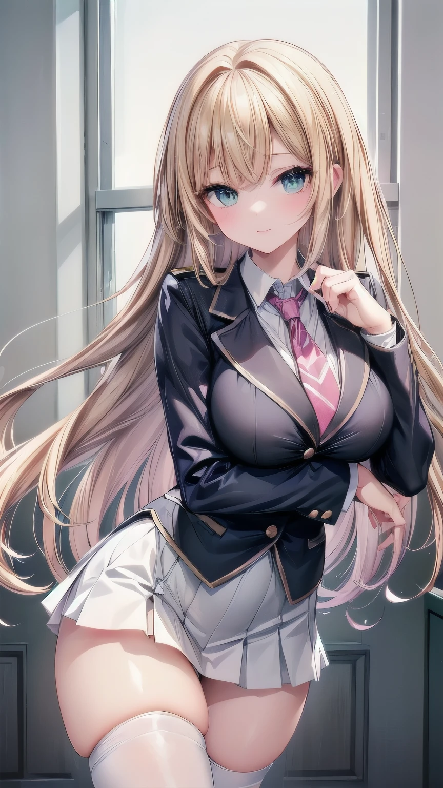 ((masterpiece:1.3)), is written by, super high resolution ,Super fine,16k quality, RAW photos ,(( photorealistic)),((detail face)),(( perfect limb, anatomically correct )), cute girl, very cute face,Beautiful eyelashes,Double eyelids, natural makeup that makes the suit shine, glossy lips , Blonde Ultra Long Hair , very beautiful green eyes,(( blazer uniform, ties, micro mini skirt to hold back thighs, white thigh high stockings , pink sneakers)),night classroom background ,from below,(( Poses to Seduce Men , sexy pose:1.5)), raise one leg, natural smile , Staring at the camera with a very gentle gaze,A soothing expression,(( punch, white panties)), professional lighting,Top Quality Gravure Photo ,(( slender body, Big Breasts ,Slim and beautiful legs))