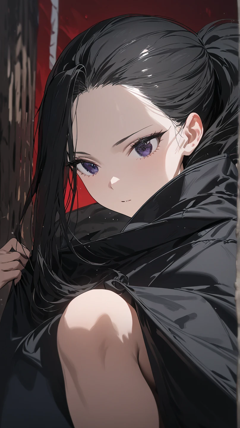  top quality, masterpiece,  high definition , masterpiece, 
Eight million,  1 girl,  close-up ,  dark eyes,  black hair,   ponytail,  long hair,  's hair was pulled back by fajyobore , , Alone, ,The background inside the rag hut ,Up to the thighs,knees,Turn your gaze
red hero suit