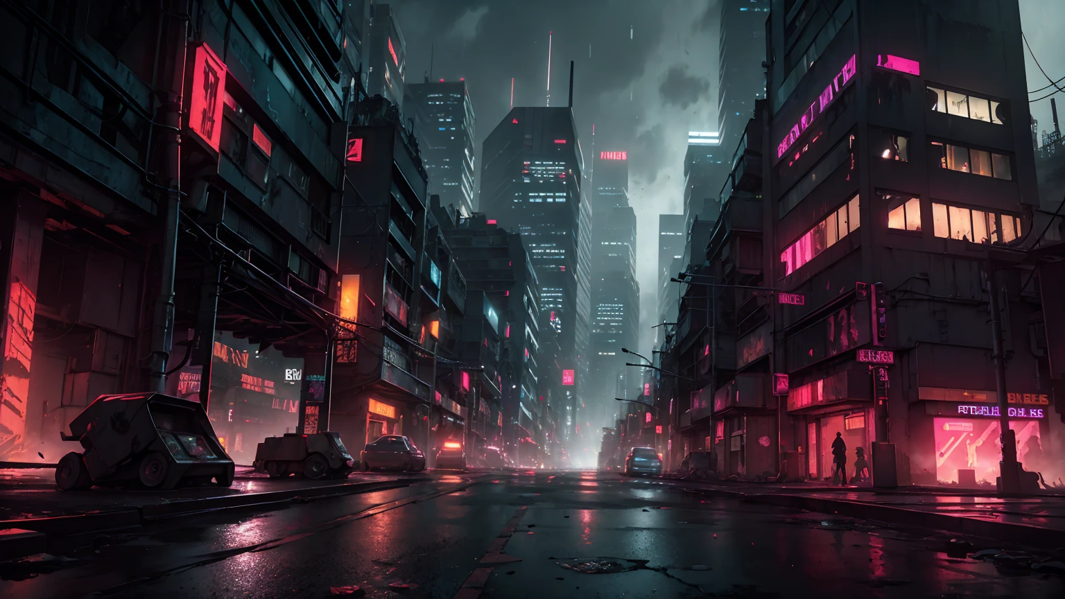 A dark and gritty cyberpunk cityscape, neon-lit streets, towering skyscrapers, a lone figure in the foreground, mechanical limbs, intense contrast, moody atmosphere, cinematic lighting, muted color palette, industrial textures, rusted metal, graffiti-covered walls, dynamic camera angle, strong shadows, intricate details