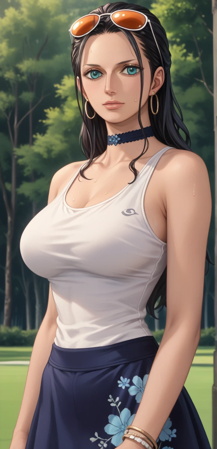 masterpiece, highest quality, Beautiful woman, whole body, Detailed hairstyle, I was sweating, Hoop Earrings, golf bangle, choker, Mature Woman, indoor, nico robin, sunglasses, Wear glasses on your head, Long Hair, big breasts tanktop, mini skirt, playing golf，（8k，RAW Photos），（Best Quality），（Masterpiece Loose），（Realistic，）（Realistic），（High resolution），Hyper Detail，（Gentle Realism：1.1），Beautiful Face， （1 Female：1.1），High resolution), (8k), (Very detailed), (4K), (Pixiv), Perfect Face, Beautiful eyes and face, (highest quality), (Very detailed), Detailed face and eyes, (alone), Textured skin, absurdes, High resolution,