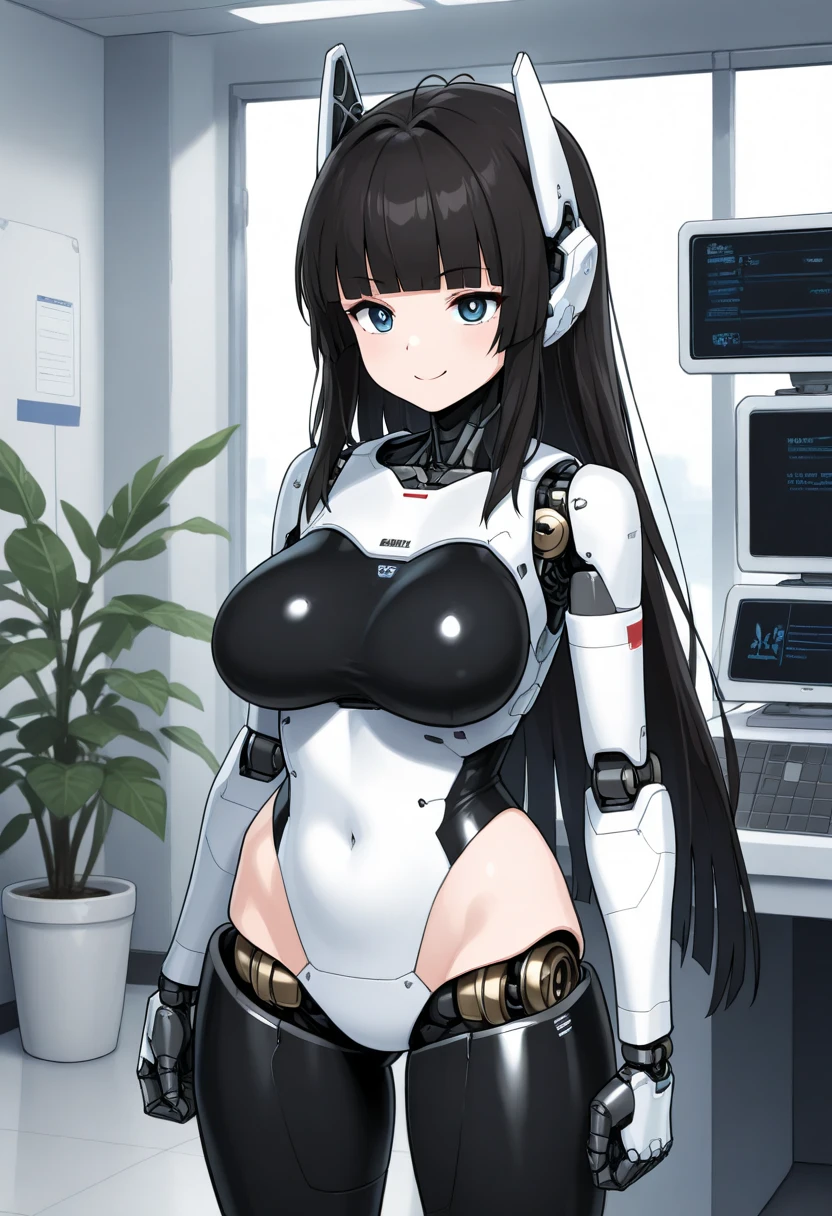 masterpiece, best quality, extremely detailed, (8K, 4K, Best Quality, hight resolution, 超A high resolution:1.1), ,8k portrait, Japaese android Girl,Plump , dark black leg cover,announcer,control panels,android,Droid,Mechanical Hand, Robot arms and legs, Black Robot Parts,Black long hair,Mechanical body,Blunt bangs,perfect mechanical abdomen,White robotics parts,perfect robot woman,future laboratory,cyber pank,charging spot,laboratory,long tube,thick cable connected her neck,white ceramic body ,perfect mechanical body, white robot body,lod antenna,mechanical ear cover,android,robot humanoid,black sponge joints,The removable cover is in the groin,The connection port is in the groin,opened chest panel,access panel on the chest,opened breast panel,perfect mechanical breast,perfect machine body,perfect android body,She has repaired,assembly plant,dark black tights,dark black leggings,smile