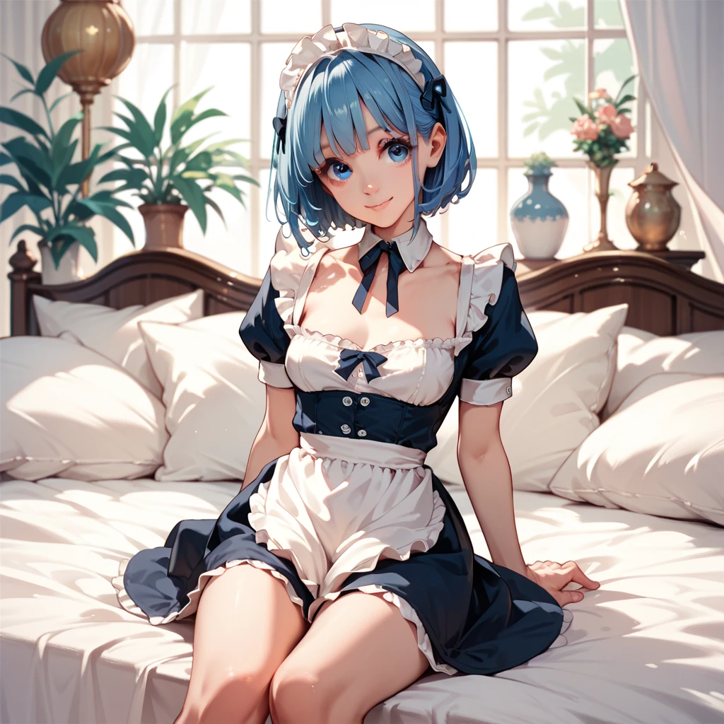 (masterpiece, best quality,absurdres, high details, perfect), 1girl, skyblue hair, short straight hair, blunt bangs,narrow waist, grey eyes, petals, pale skin, mansion, indoors, maid, maid headdress, cowboy shot, blush, light smile, head tilt, bowing,((Best quality)), ((masterpiece)), (detailed), (perfect face), (high resolution), (flawless face), ((small breasts)), in lingerie,((white knee-high)), full body,slightly spreading legs,front view,lifting skirt.