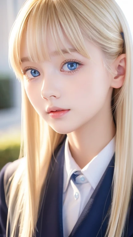  portrait、( school uniform )、Young shiny white bright shiny skin 、The best baby face looks、Blonde reflection、 natural platinum blonde hair with dazzling highlights 、 shiny bright hair ,、 Smooth, Super Long, Super Long Straight Hair 、Shiny, beautiful bangs、Bangs between the eyes、Bangs above the face、Big, shining clear, incredibly bright, bright sky blue eyes、 Very Big Eyes 、very beautiful lovely cute  girl 、Ample Bust、With slit、((I could see the whole body))、Small Face Beauty、Round face