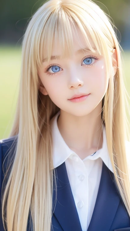  portrait、( school uniform )、Young shiny white bright shiny skin 、The best baby face looks、Blonde reflection、 natural platinum blonde hair with dazzling highlights 、 shiny bright hair ,、 Smooth, Super Long, Super Long Straight Hair 、Shiny, beautiful bangs、Bangs between the eyes、Bangs above the face、Big, shining clear, incredibly bright, bright sky blue eyes、 Very Big Eyes 、very beautiful lovely cute  girl 、Ample Bust、With slit、((I could see the whole body))、Small Face Beauty、Round face