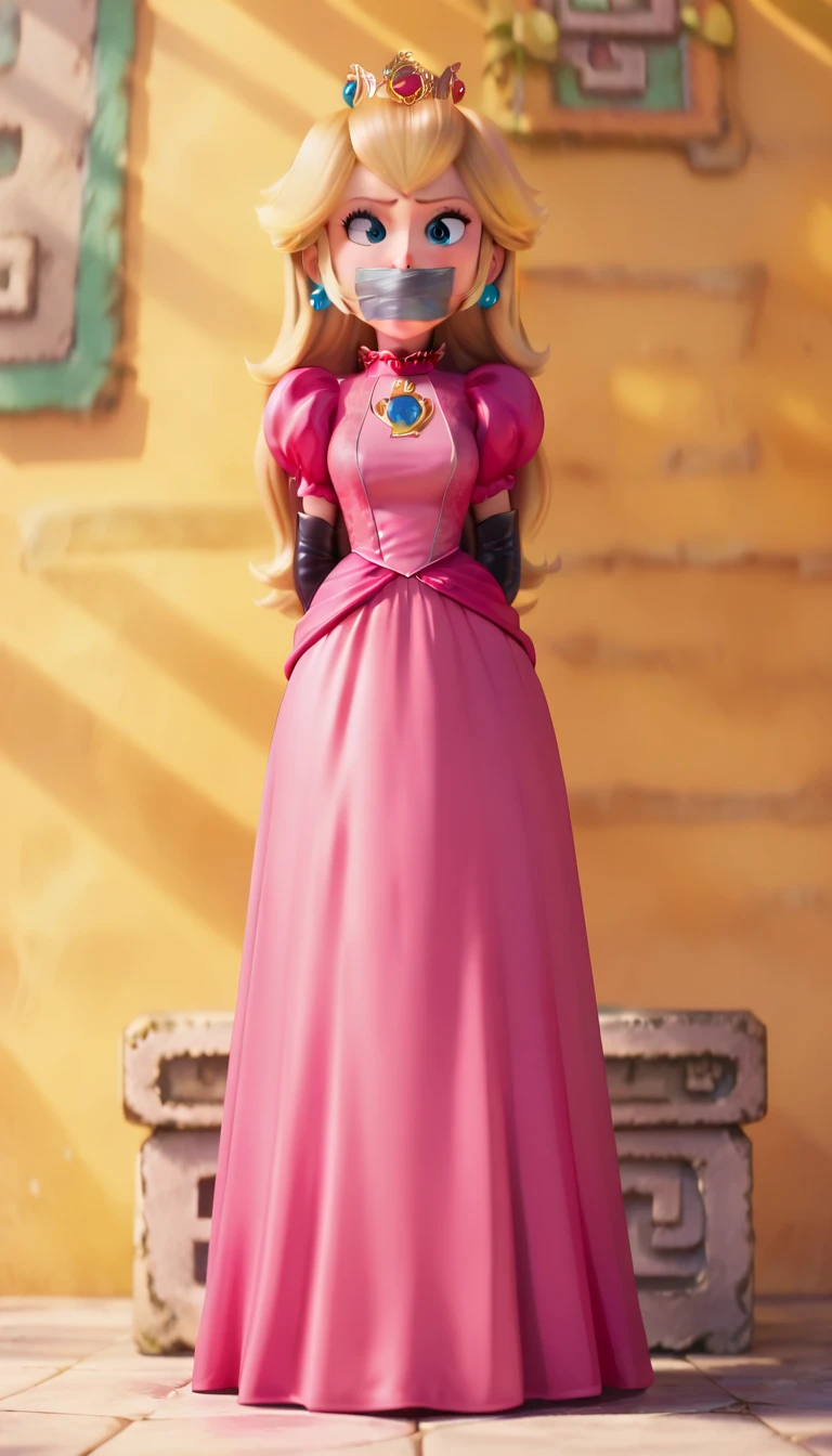 score_9, score_8_up, score_7_up, zPDXL, Illuminationstyle, 1girl, 1girl, (peach /(illumination/)), Illumination style, princess peach from súper Mario lore, large breast, (wearing pink dress, long dress), flirt, gaze, half-closed eyes, makeup, (full bodies in view), complete body view, stand up, standing, from front, front view, complete body view, Open (arms behind the back:1), ( armbinder), tape gag, tape over the nose, wrap tape gag, tape otn, tight tape mask.
