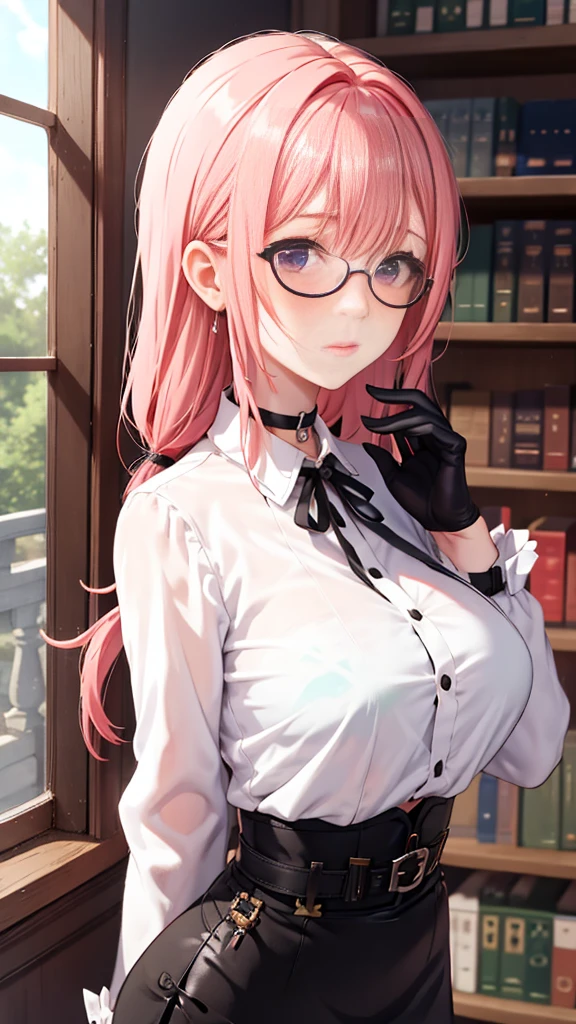 1 girl, Yanagi Tsukishiro , Alone, standing,  beautiful breasts , sensual lips, front view,  looking at the spectator ,  beautiful eyes ,  detailed eyes , purple eyes, simple samurai shoulder strap glasses ,  choker :1.6,  black gloves,  shiny high waist mini skirt,  white shirt with collar,  dark green neck strap,  shy expression ,  gunman shot, Old library Gothic style,  dark gothic style 