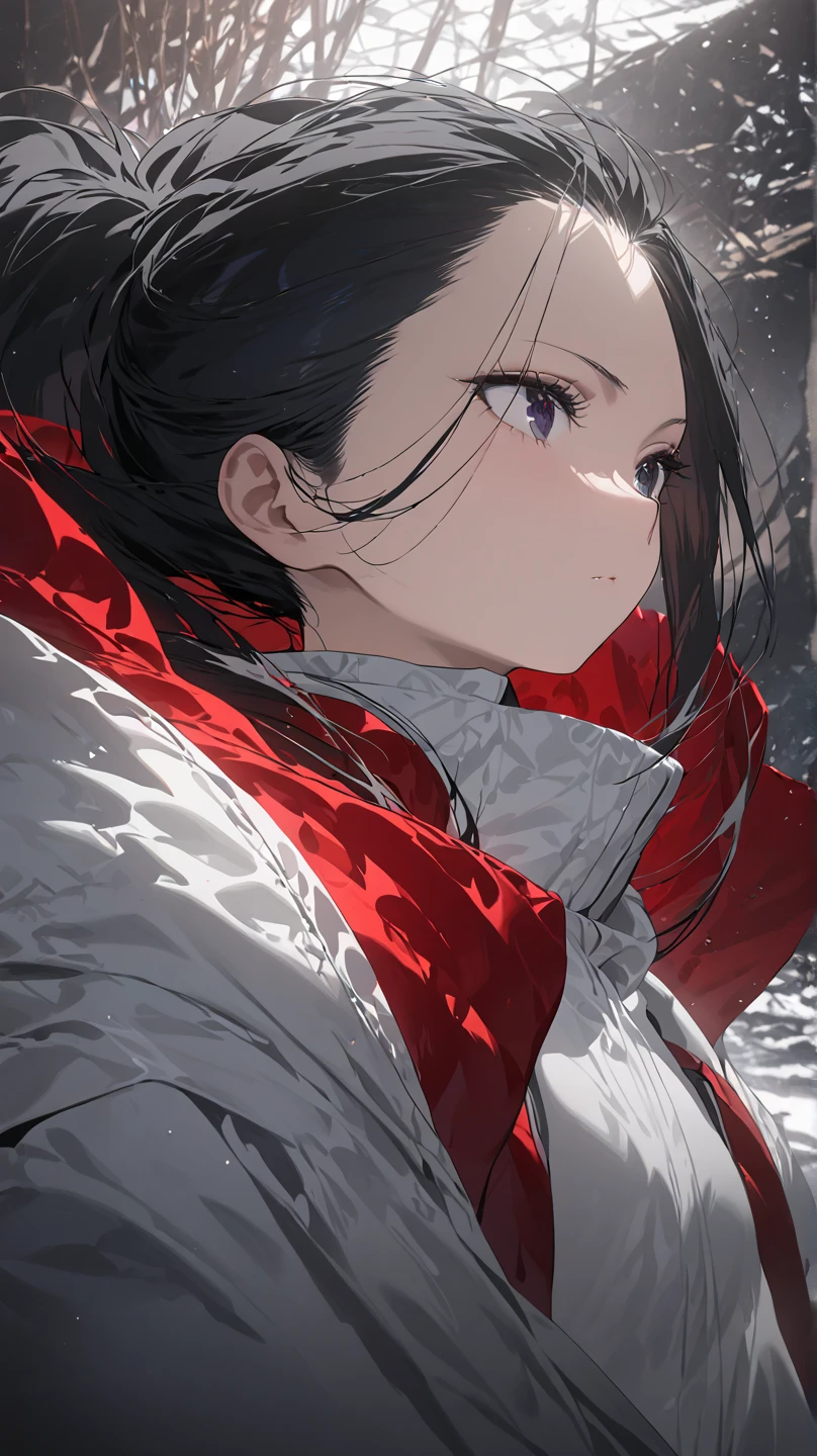  top quality, masterpiece,  high definition , masterpiece, 
Eight million,  1 girl,  close-up ,  dark eyes,  black hair,   ponytail,  long hair,  's hair was pulled back by fajyobore , , Alone, ,The background inside the rag hut ,Up to the thighs,Turn your gaze
red hero suit