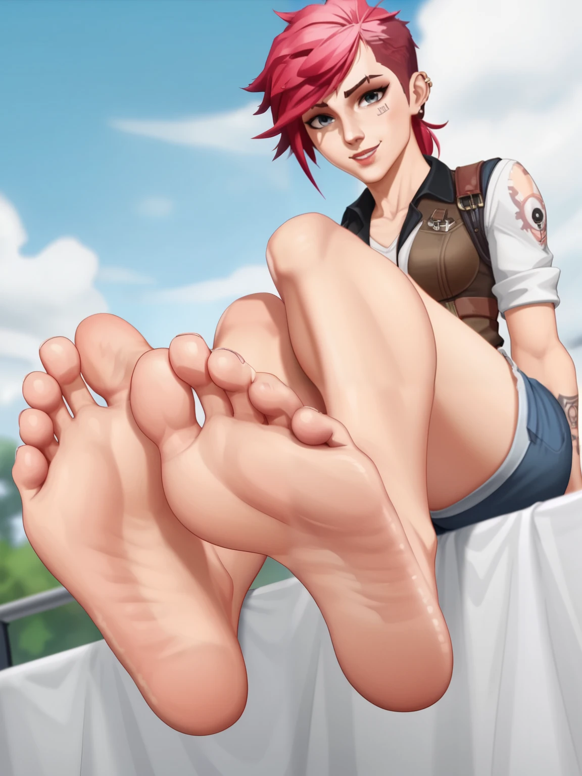 score_9, score_8_up,source_anime,
1girl, Vi, alone, looking at viewer, cowboy shot, anime screencap, anime coloring，barefoot，Perfect feet，Anatomically correct，soles，low angle，Focal length 35mm, Five toes，front，Symmetrical Soles，Foot Focus, in her bedroom, sitting on the bed, lifting legs to show her soles, flirty gaze, flirty smile,
