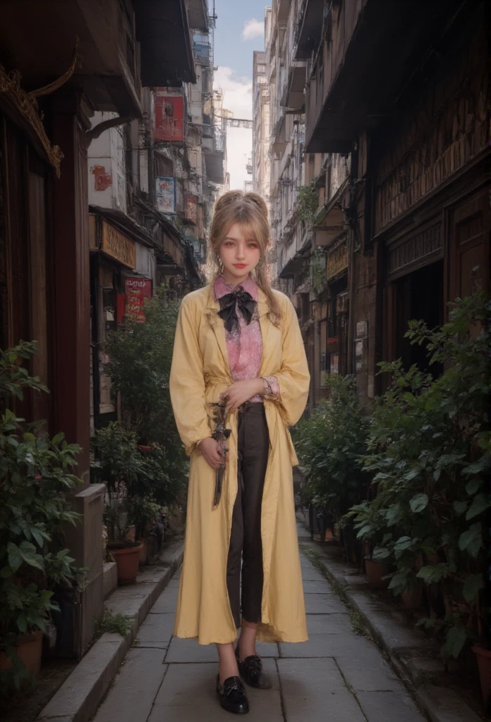 1girl, Jiraikei_Fashion_Flux, stands in front of a dimly lit and ominous Chinese-style temple. She confidently crossed her legs while holding a mahogany sword weapon, and wore a floor-length yellow Chinese Taoist priest's yellow silk semi-transparent robe, dark lace underwear with pink decorations, and leggings. Her golden twin ponytails tied with a black ribbon hung gently on her shoulders, and her red eyes looked down at the audience with a proud and superior expression. There are many statues of gods at the back of this temple, ornately decorated, surrounded by darkness and old spider silk. The temple's pillars are decorated with faded charms, and distant thunder echoes through the halls. Shadows twisted and danced across the room, creating an overwhelming sense of dread. This **full body wide shot** captures the complete scene of her relaxing poses against a decaying and majestic medieval backdrop. **River stream, full body, wide angle shot, dark ancient Chinese temple, ominous atmosphere, crossed legs**.