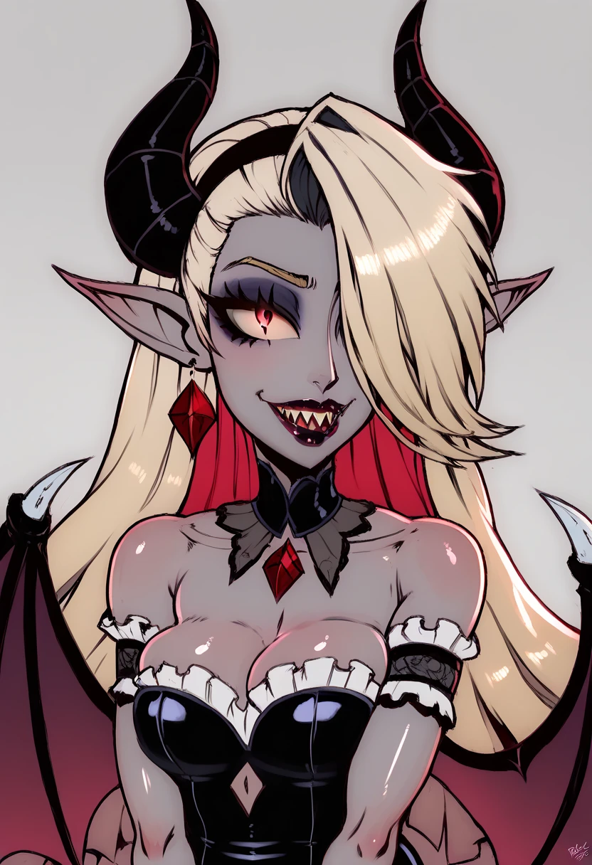 Rosto detalhado, grandes olhos, sharp teeth, hair over eyes, hairband, demon horns, demon wings, long hair, pointy ears, elf,, very chubby, 8k, hd, hdr, grey/gray skin, long blonde hair, demon horns, makeup