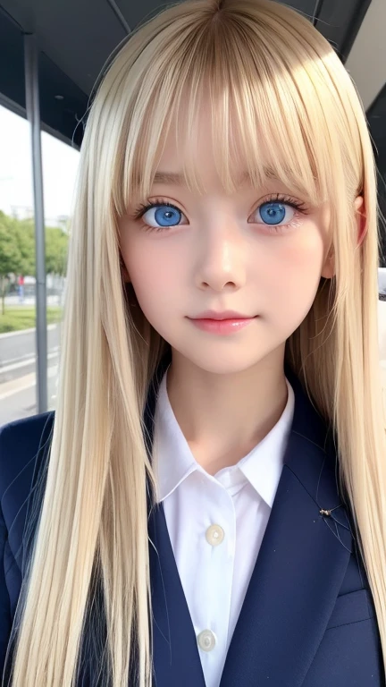  portrait、( school uniform )、Young shiny white bright shiny skin 、The best baby face looks、Blonde reflection、 natural platinum blonde hair with dazzling highlights 、 shiny bright hair ,、 Smooth, Super Long, Super Long Straight Hair 、Shiny, beautiful bangs、Bangs between the eyes、Bangs above the face、Big, shining clear, incredibly bright, bright sky blue eyes、 Very Big Eyes 、very beautiful lovely cute  girl 、Ample Bust、With slit、((I could see the whole body))、Small Face Beauty、Round face