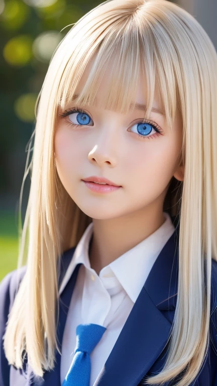  portrait、( school uniform )、Young shiny white bright shiny skin 、The best baby face looks、Blonde reflection、 natural platinum blonde hair with dazzling highlights 、 shiny bright hair ,、 Smooth, Super Long, Super Long Straight Hair 、Shiny, beautiful bangs、Bangs between the eyes、Bangs above the face、Big, shining clear, incredibly bright, bright sky blue eyes、 Very Big Eyes 、very beautiful lovely cute  girl 、Ample Bust、With slit、((I could see the whole body))、Small Face Beauty、Round face