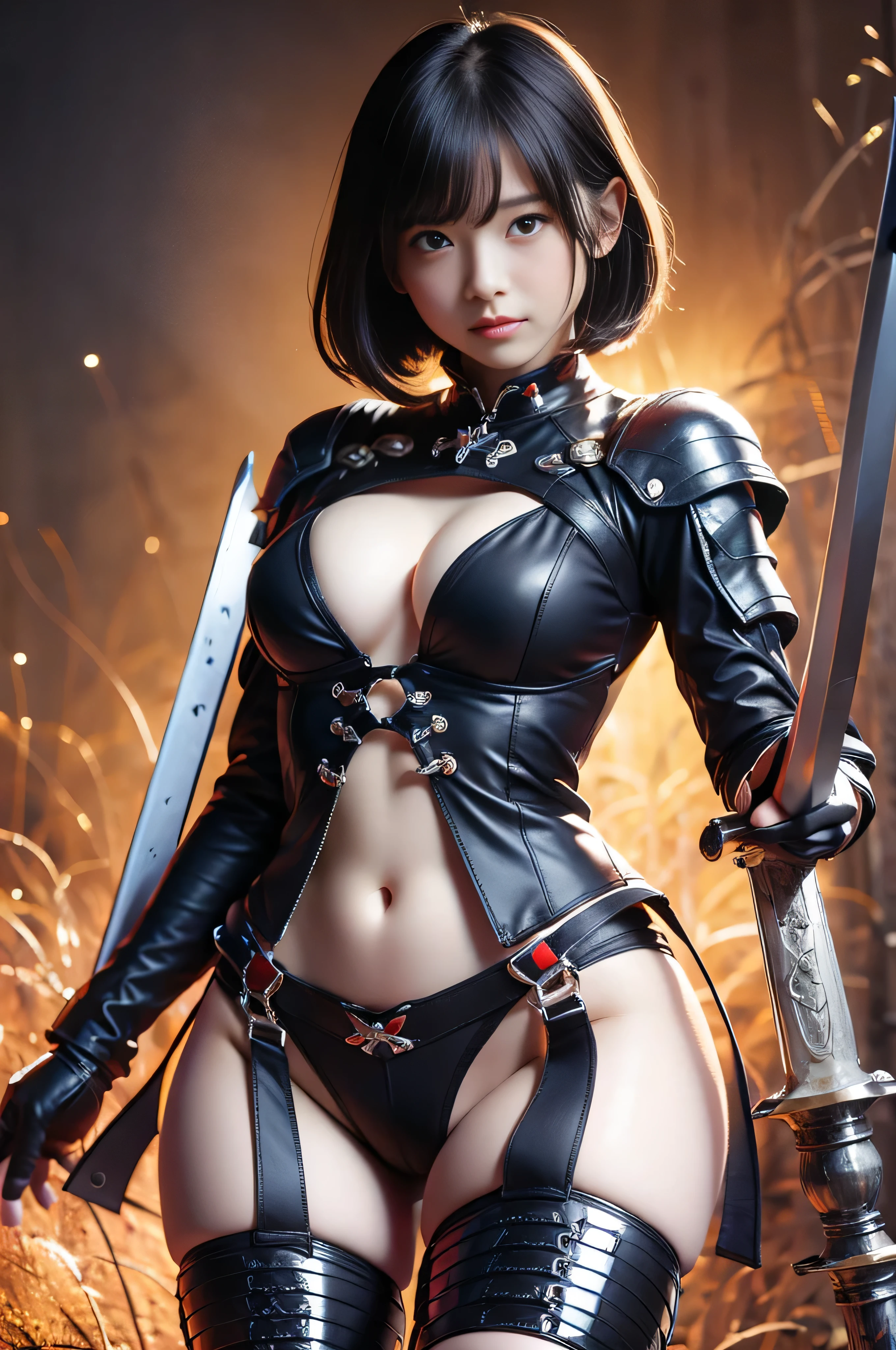 (8k, best quality, masterpiece:1.2), (photorealistic:1.4), RAW photo, best quality, ultra high res, best shadow, (full body:1.4), A short-haired female, japanese armor, Samurai Sword, massive scale stunning environment, horror, dark horror, highly detailed facial features, beautiful and flawless face, perfect eyes