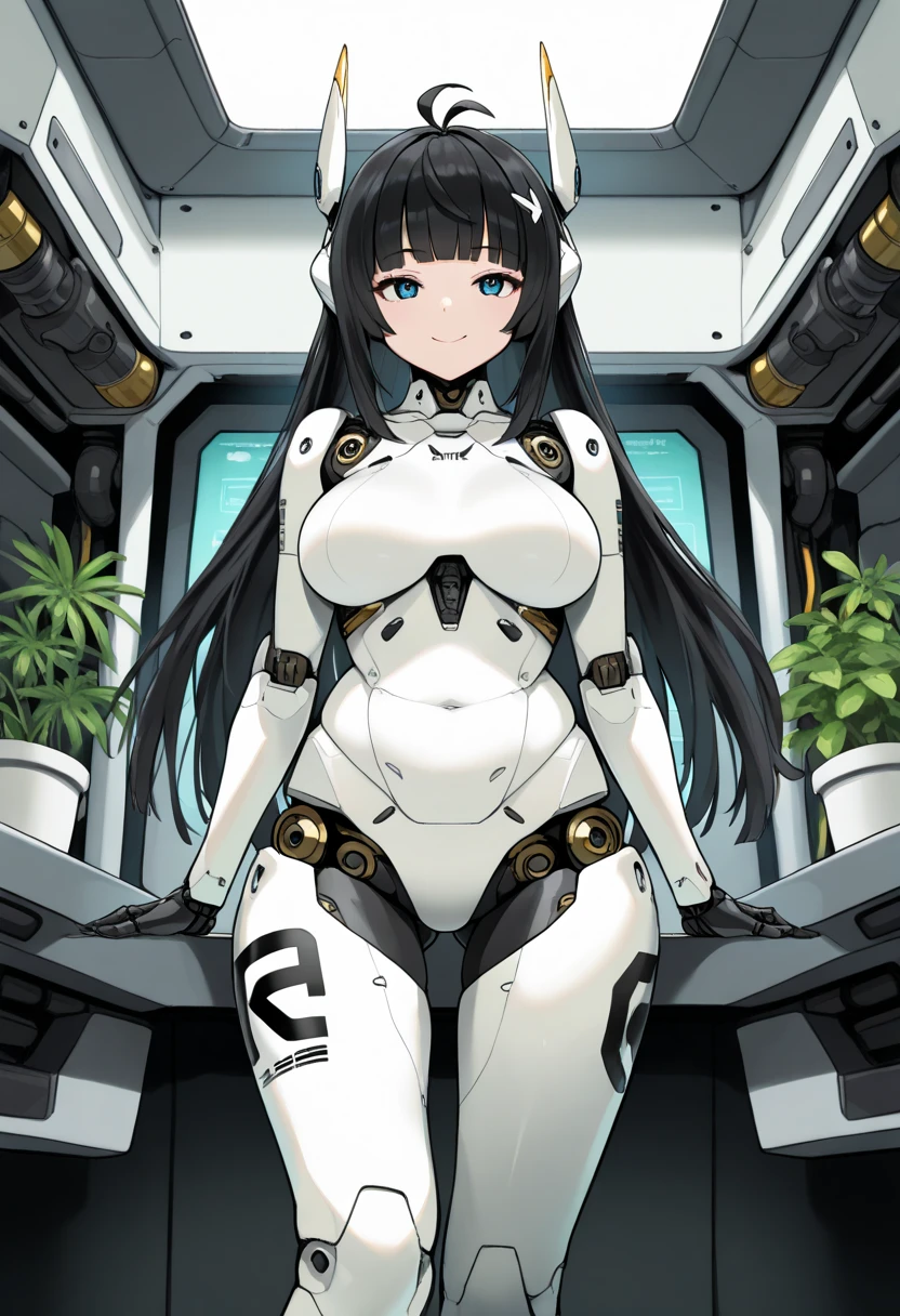 masterpiece, best quality, extremely detailed, (8K, 4K, Best Quality, hight resolution, 超A high resolution:1.1), ,8k portrait, Japaese android Girl,Plump , dark black leg cover,announcer,control panels,android,Droid,Mechanical Hand, Robot arms and legs, Black Robot Parts,Black long hair,Mechanical body,Blunt bangs,perfect mechanical abdomen,White robotics parts,perfect robot woman,future laboratory,cyber pank,charging spot,laboratory,long tube,thick cable connected her neck,white ceramic body ,perfect mechanical body, white robot body,lod antenna,mechanical ear cover,android,robot humanoid,black sponge joints,The removable cover is in the groin,The connection port is in the groin,opened chest panel,access panel on the chest,opened breast panel,perfect mechanical breast,perfect machine body,perfect android body,She has repaired,assembly plant,dark black tights,dark black leggings,smile