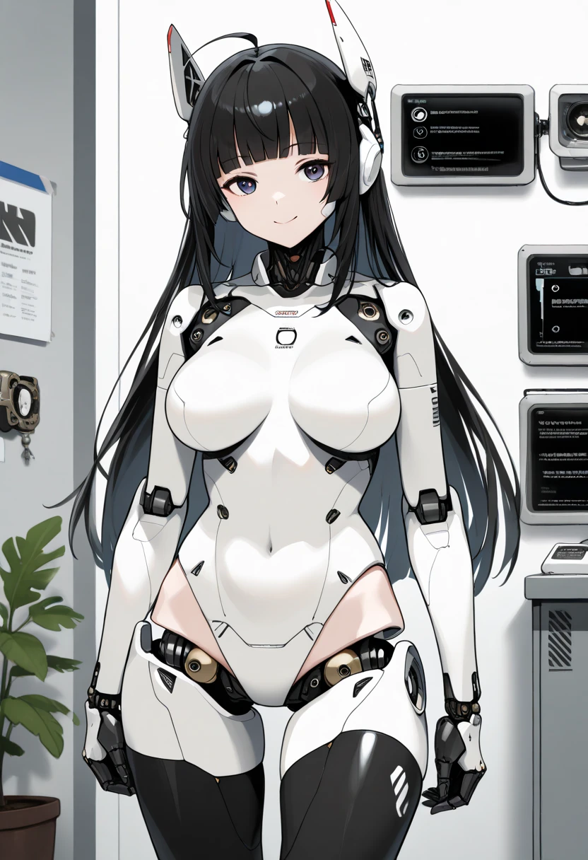 masterpiece, best quality, extremely detailed, (8K, 4K, Best Quality, hight resolution, 超A high resolution:1.1), ,8k portrait, Japaese android Girl,Plump , dark black leg cover,announcer,control panels,android,Droid,Mechanical Hand, Robot arms and legs, Black Robot Parts,Black long hair,Mechanical body,Blunt bangs,perfect mechanical abdomen,White robotics parts,perfect robot woman,future laboratory,cyber pank,charging spot,laboratory,long tube,thick cable connected her neck,white ceramic body ,perfect mechanical body, white robot body,lod antenna,mechanical ear cover,android,robot humanoid,black sponge joints,The removable cover is in the groin,The connection port is in the groin,opened chest panel,access panel on the chest,opened breast panel,perfect mechanical breast,perfect machine body,perfect android body,She has repaired,assembly plant,dark black tights,dark black leggings,smile