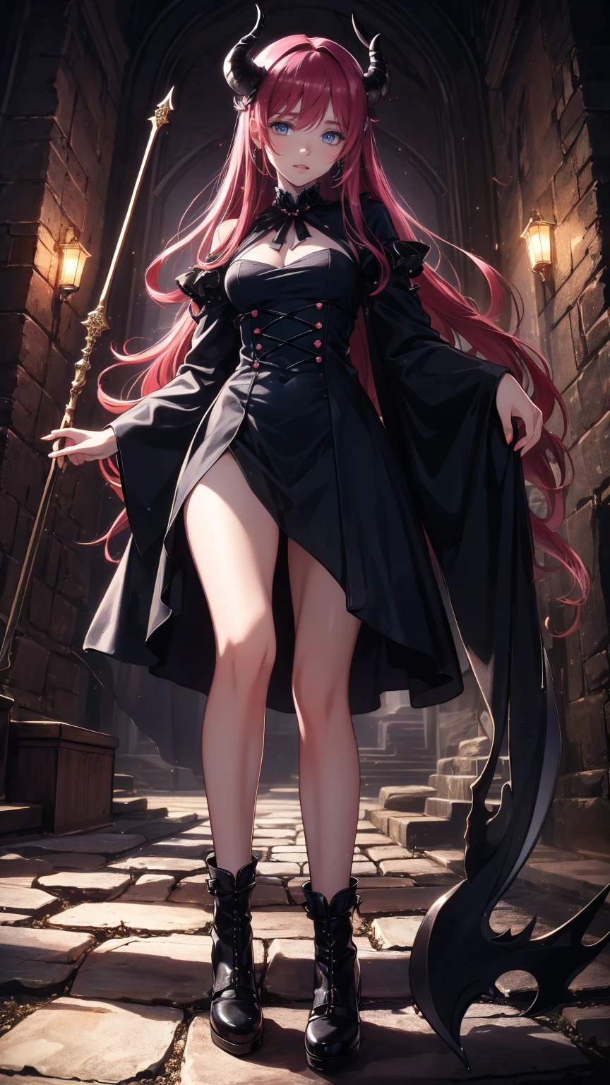 Wuya, 1girl, gradient background, detailed, shiny, solo, mature female, female focus, green eyes, looking at viewer, (facing viewer:1.2), long hair, dress, red hair, (barefoot:1.2), pointy ears, black dress, makeup, grey background, tentacle hair, highres, bestres, absurdres, high quality, best quality, masterpiece, hair slicked back, mature, evil grin, teasing, black nails, nail polish, hand on fire, green fire, greenfireball, casting sprell, green spell, standing, full body, black mascara, large breasts, shadow, <lora:Wuya-10v3:0.3>