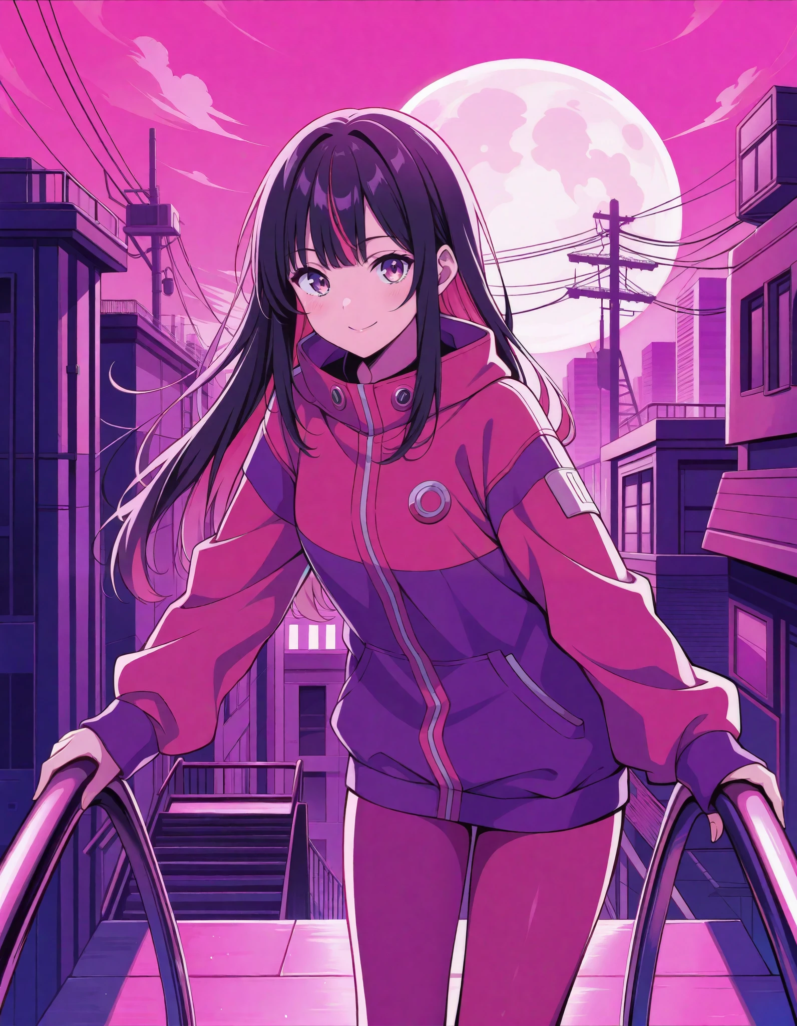 colorful, 1girl, colorful, colorful, cyberpunk, ladder, looking at viewer, moon, multicolored hair, two-tone hair, pink theme, long hair, solo, closed mouth, limited palette, full moon, building, smile, outdoor, city lights, masterpiece, best quality, newest, very awa