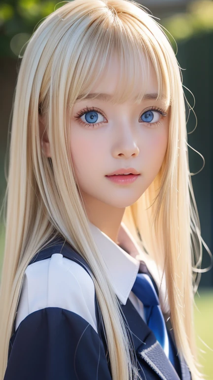  portrait、( school uniform )、Young shiny white bright shiny skin 、The best baby face looks、Blonde reflection、 natural platinum blonde hair with dazzling highlights 、 shiny bright hair ,、 Smooth, Super Long, Super Long Straight Hair 、Shiny, beautiful bangs、Bangs between the eyes、Bangs above the face、Big, shining clear, incredibly bright, bright sky blue eyes、 Very Big Eyes 、very beautiful lovely cute  girl 、Ample Bust、With slit、((I could see the whole body))、Small Face Beauty、Round face