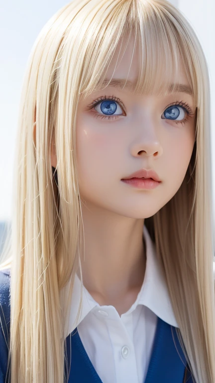  portrait、( school uniform )、Young shiny white bright shiny skin 、The best baby face looks、Blonde reflection、 natural platinum blonde hair with dazzling highlights 、 shiny bright hair ,、 Smooth, Super Long, Super Long Straight Hair 、Shiny, beautiful bangs、Bangs between the eyes、Bangs above the face、Big, shining clear, incredibly bright, bright sky blue eyes、 Very Big Eyes 、very beautiful lovely cute  girl 、Ample Bust、With slit、((I could see the whole body))、Small Face Beauty、Round face