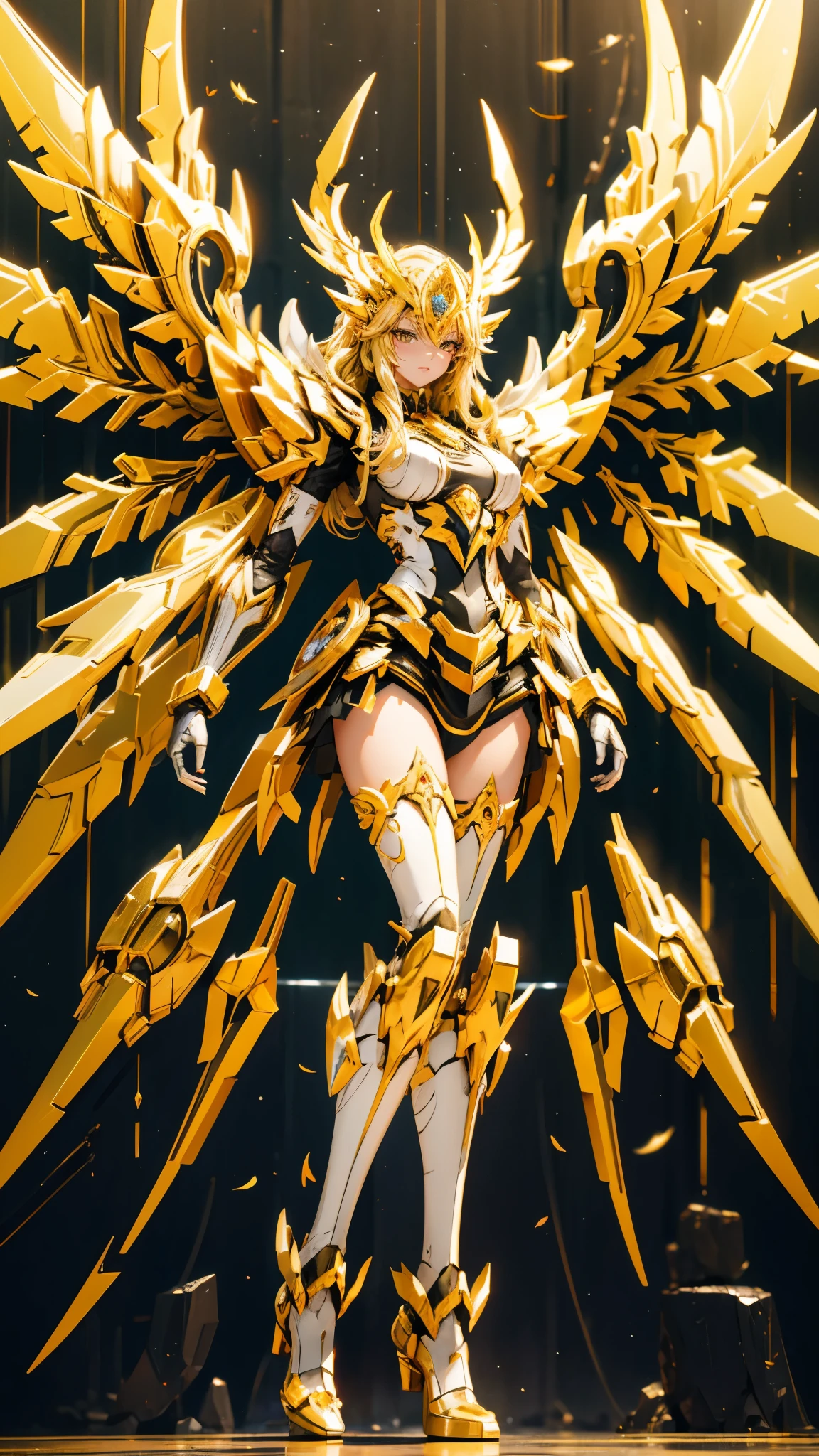 Type Letter Design , Full Body Image of the Labyrinth Background . Very Beautiful Devil Elf Woman with Blonde Wavy Hair, blond eyes , with 6 White Feathers on the Top 、Fairy Wings、6枚のFairy Wings、 Wearing Gold Full Body Armor and Skirt , Golden Boots, Gold-rimmed Cape 、Fairy Demon King 、Tensura、Ramiris、 white cloak、 voluminous cloak with a three-pronged spear、