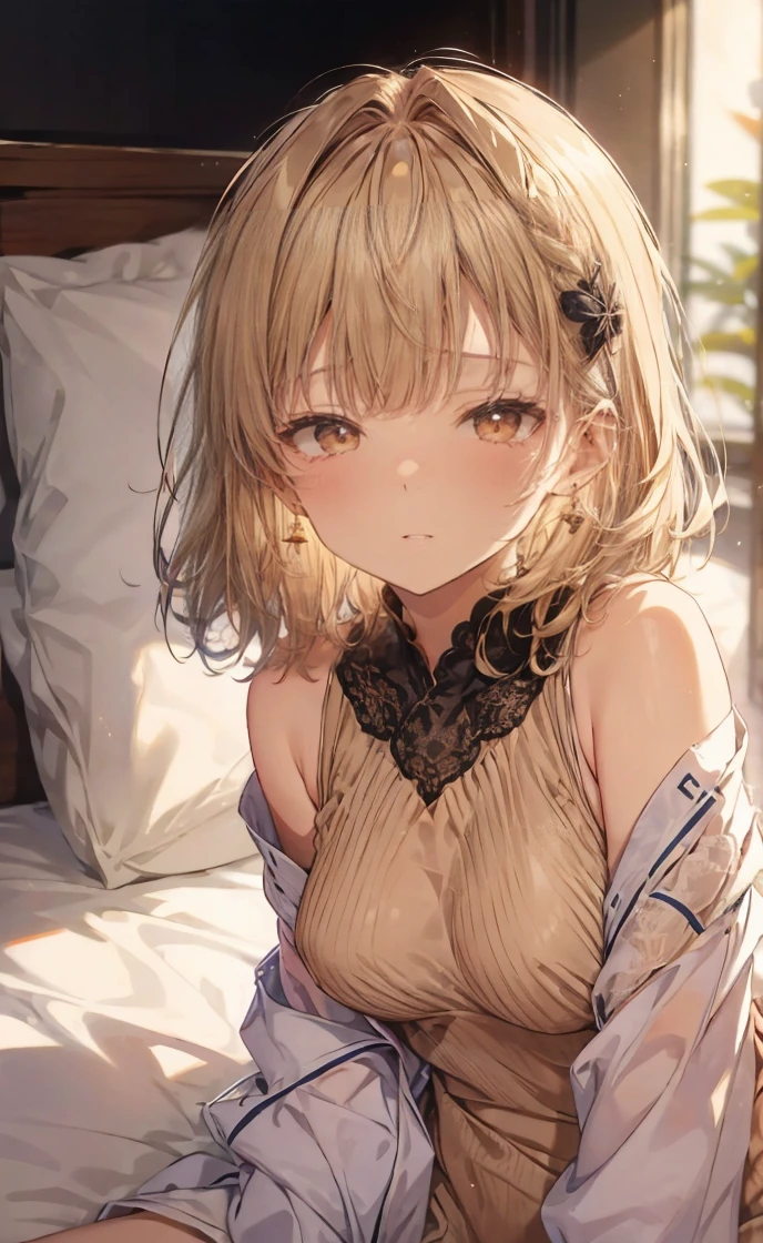 Photorealistic:1.5, Beautiful woman, hairstyle that bounces outward, (medium hair:1.5), (platinum blond hair:1.5), (platinum blond colored eyelash:1.5), (parted bangs:1.5), (amber color eyes:1.5), (sleepy face:1.5), blush:1.2, (tilt one's head:1.5), (hairpin:1.3), (masterpiece:1.3), (best quality:1.3), high-resolution, Head-on angle, Body facing forward, solo, beautiful detailed eyes, mid day, (((best quality, textile shading, ultra detailed))), extremely detailed CG unity 8k wallpaper, Highly Detailed beautiful and aesthetic, high resolution, detailed, dramatic lighting, 1Character, soft, gentle colors, (small breast:1.5), (black camisole:1.5), (super long hem summer cardigan:1.5), (skinny:1.5), blur background, downtown:1.5, squatting:1.2, armpit:1.5, 