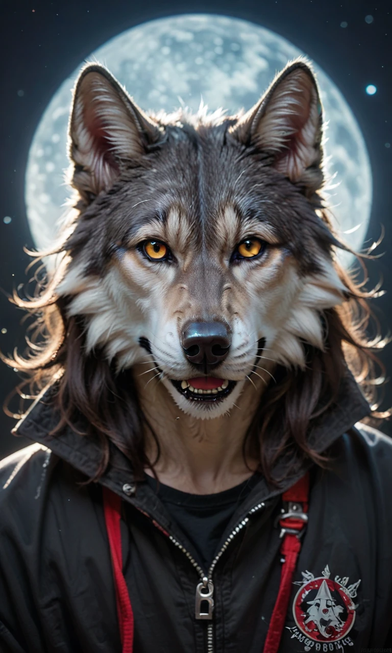 score_9, score_8_up, score_7_up, closeup award winning photo of a wolf, perfect environment,  very detailed, Dark Shot、Full moon night