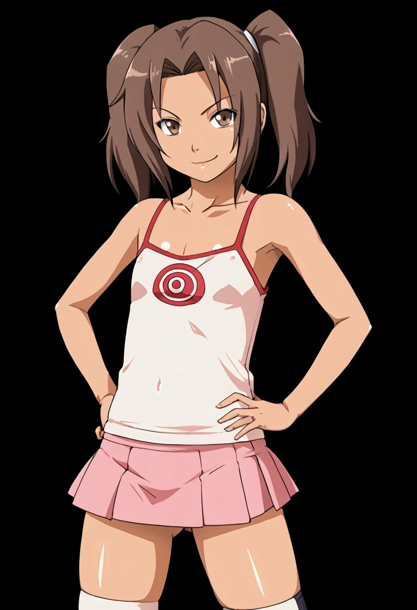 suntan,flat chested,smug face,camisole,female brat,brown hair twin tails,thighs,microskirt,super tight,hand on hip,print shirt,skirt,thighhighs,kurenai yuhi,