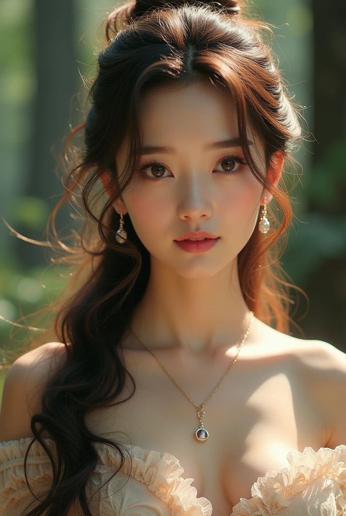  Best Beauty , Alice Hirose, long brown hair updo, Mid-chest, Open the top slightly,  earrings,  necklace, whole body,  best quality,  high image quality, masterpiece, 8K wallpaper,  high definition ,  showing a forest of trees , 