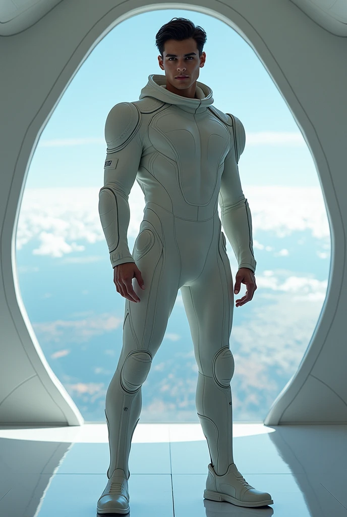 ((masterpiece)), ((best quality:1.2)), High Resolution, 8k, (ultra_realistic:1.3), (photorealistic:1.4), sharp focus, highly detailed, yaoi, ((1boy)), an attractive Caucasian fit muscular male, perfect handsome young toned male, ((long_sleeve_pants thin pure white_compression bodysuit:1.4)), messy short black hair, ( walking in the space ship, separated legs, open mouth, closed eyes), (circle light bar, futuristic spaceship LCD background), detailed skin texture, ((handsome clean shaved face)), shiny white skin, (broad shoulders), ((detailed muscular biceps and triceps:1.3)), (muscular thighs), long toned legs, toned abdomen, narrow waist, hip bones, crotch, from above view, full shot, cinematic, crystal clear, (global illumination), (subsurface scattering), (area light, soft light)