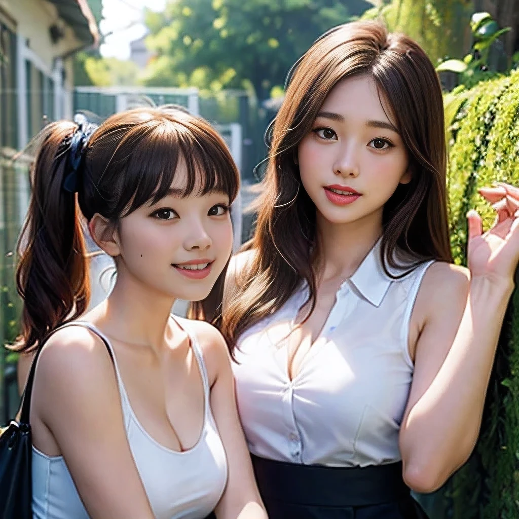 (BEST QUALITY、8k、A Masterpiece:1.3 ))、RAW photo、Realistic skin texture、professional Lighting、Super cute Japan high school girl、slender perfect figure、(Random Hairstyles、Big Boobs:1.3 )、Female Action Stars、Ultra detailed face、ultra detailed eyes、Ultra detailed lips、Double eyelidd、Virtual City Background