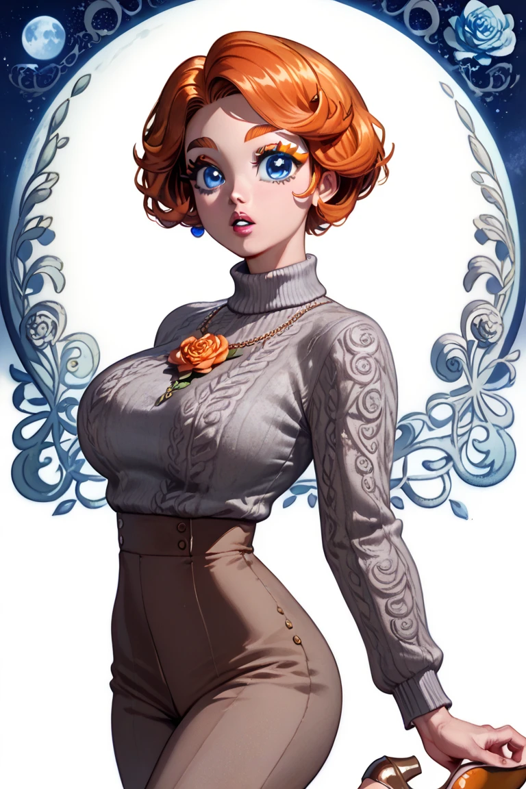 ((1girl, orange hair, pixie haircut, bangs, sexy huge breasts, big neckline, stand front, big hipps)),((elegant bearing)), ((Art Nouveau watercolor , Moon Goddess (()), (()), (())，((Big eyes, length, Thick eyelashes, parted lips, blue eyes)), Slim figure, Narrow waist, Flower-like_background, Intricate designs and patterns in shading colors of alex ross, ((flat colors)))), ((delicate brown shoes, gray sweater, elegant brown trousers)), ((night neon city)), accurate, super detail, 4K, highres, masterpiece,