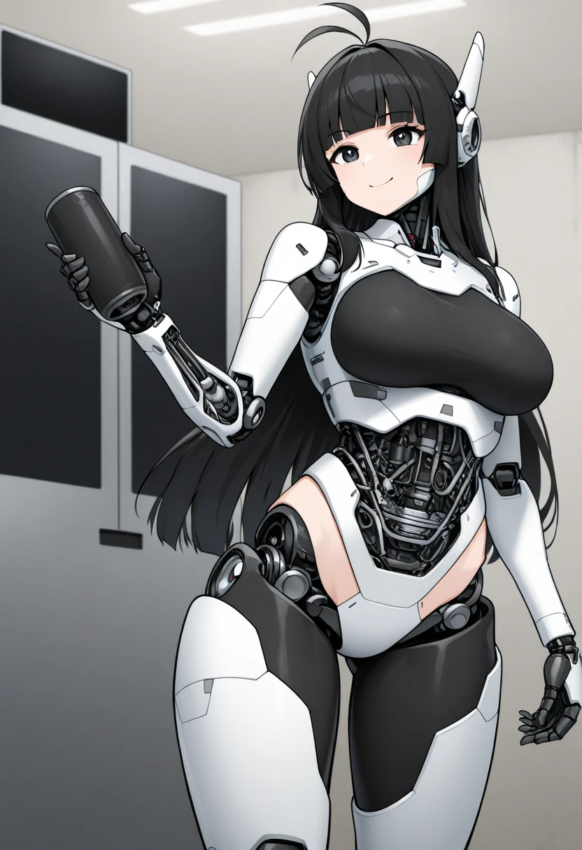 masterpiece, best quality, extremely detailed, (8K, 4K, Best Quality, hight resolution, 超A high resolution:1.1), ,8k portrait, Japaese android Girl,Plump , dark black leg cover,announcer,control panels,android,Droid,Mechanical Hand, Robot arms and legs, Black Robot Parts,Black long hair,Mechanical body,Blunt bangs,perfect mechanical abdomen,White robotics parts,perfect robot woman,future laboratory,cyber pank,charging spot,laboratory,long tube,thick cable connected her neck,white ceramic body ,perfect mechanical body, white robot body,lod antenna,mechanical ear cover,android,robot humanoid,black sponge joints,The removable cover is in the groin,The connection port is in the groin,opened chest panel,access panel on the chest,opened breast panel,perfect mechanical breast,perfect black machine body,perfect black android body,She has repaired,assembly plant,dark black tights,dark black leggings,smile