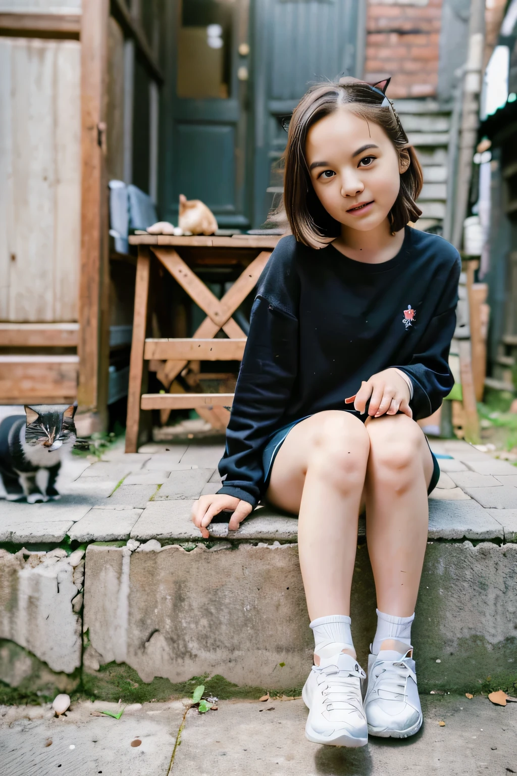 best quality, high resolution, distinct image, (many (detailed) little cats) and one girl:1.3), focus on cat, little (detailed) cats around girl,background is back alley, detasiled sunlight, sitting, girl looking viewer, front view, (cats looking viewer:1.2), sitting on the floor grasping knees, (happy:1.3) , (kitten)