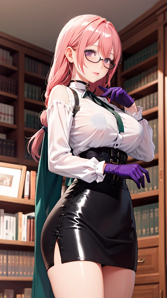 1 girl, Yanagi Tsukishiro , Alone, standing,  beautiful breasts , sensual lips, front view,  looking at the spectator ,  beautiful eyes ,  detailed eyes , purple eyes,  samurai shoulder pad simple glasses,  choker :1.6,  black gloves, shiny high-waisted miniskirt,  white shirt with collar,  dark green neck strap,  shy expression ,  gunman shot, Gothic style library ,  dark gothic style 