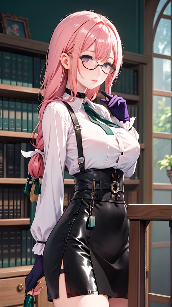 1 girl, Yanagi Tsukishiro , Alone, standing,  beautiful breasts , sensual lips, front view,  looking at the spectator ,  beautiful eyes ,  detailed eyes , purple eyes,  samurai shoulder pad simple glasses,  choker :1.6,  black gloves, shiny high-waisted miniskirt,  white shirt with collar,  dark green neck strap,  shy expression ,  gunman shot, Gothic style library ,  dark gothic style 