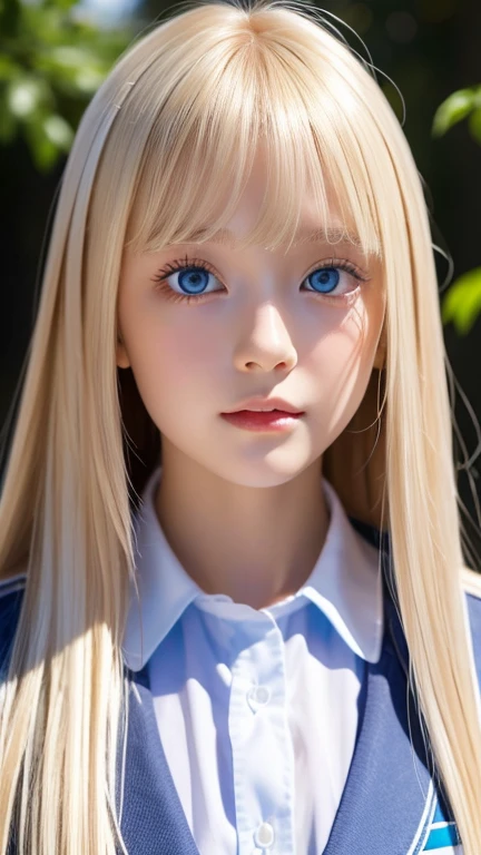  portrait、( school uniform )、Young shiny white bright shiny skin 、The best baby face looks、Blonde reflection、 natural platinum blonde hair with dazzling highlights 、 shiny bright hair ,、 Smooth, Super Long, Super Long Straight Hair 、Shiny, beautiful bangs、Bangs between the eyes、Bangs above the face、Big, shining, clear, incredibly bright, sky blue eyes、 Very Big Eyes 、very beautiful lovely cute  girl 、Ample Bust、With slit、((I could see the whole body))、Small Face Beauty、Round face