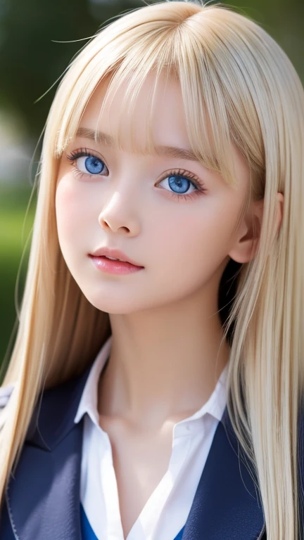  portrait、( school uniform )、Young shiny white bright shiny skin 、The best baby face looks、Blonde reflection、 natural platinum blonde hair with dazzling highlights 、 shiny bright hair ,、 Smooth, Super Long, Super Long Straight Hair 、Shiny, beautiful bangs、Bangs between the eyes、Bangs above the face、Big, shining, clear, incredibly bright, sky blue eyes、 Very Big Eyes 、very beautiful lovely cute  girl 、Ample Bust、With slit、((I could see the whole body))、Small Face Beauty、Round face